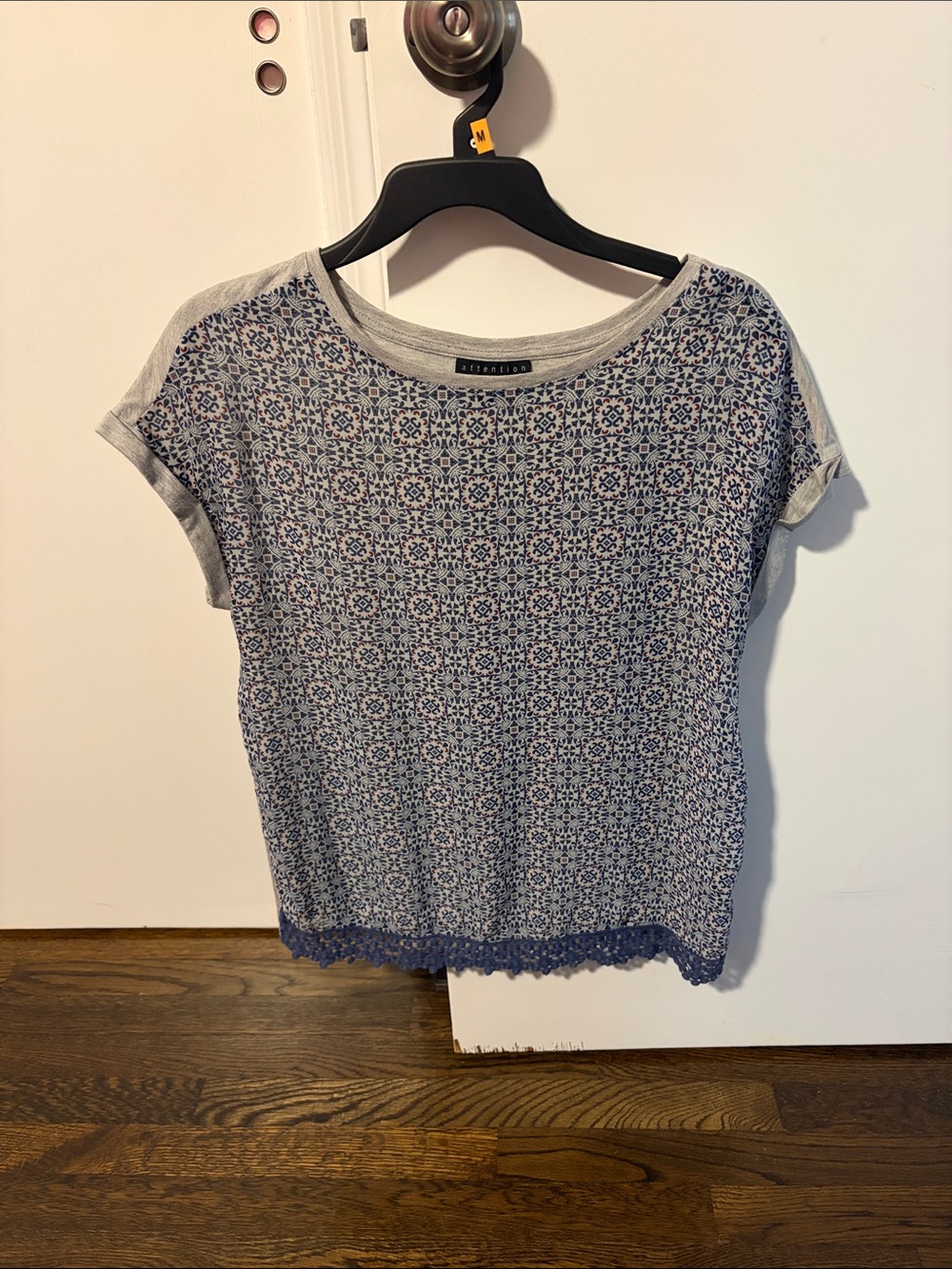 Staccato Blue and Gray Geometric Lace-Hem Short Sleeve Tee